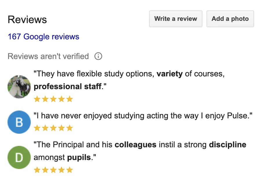 A Google reviews panel showing a review count, write a review button and three five-star review excerpts