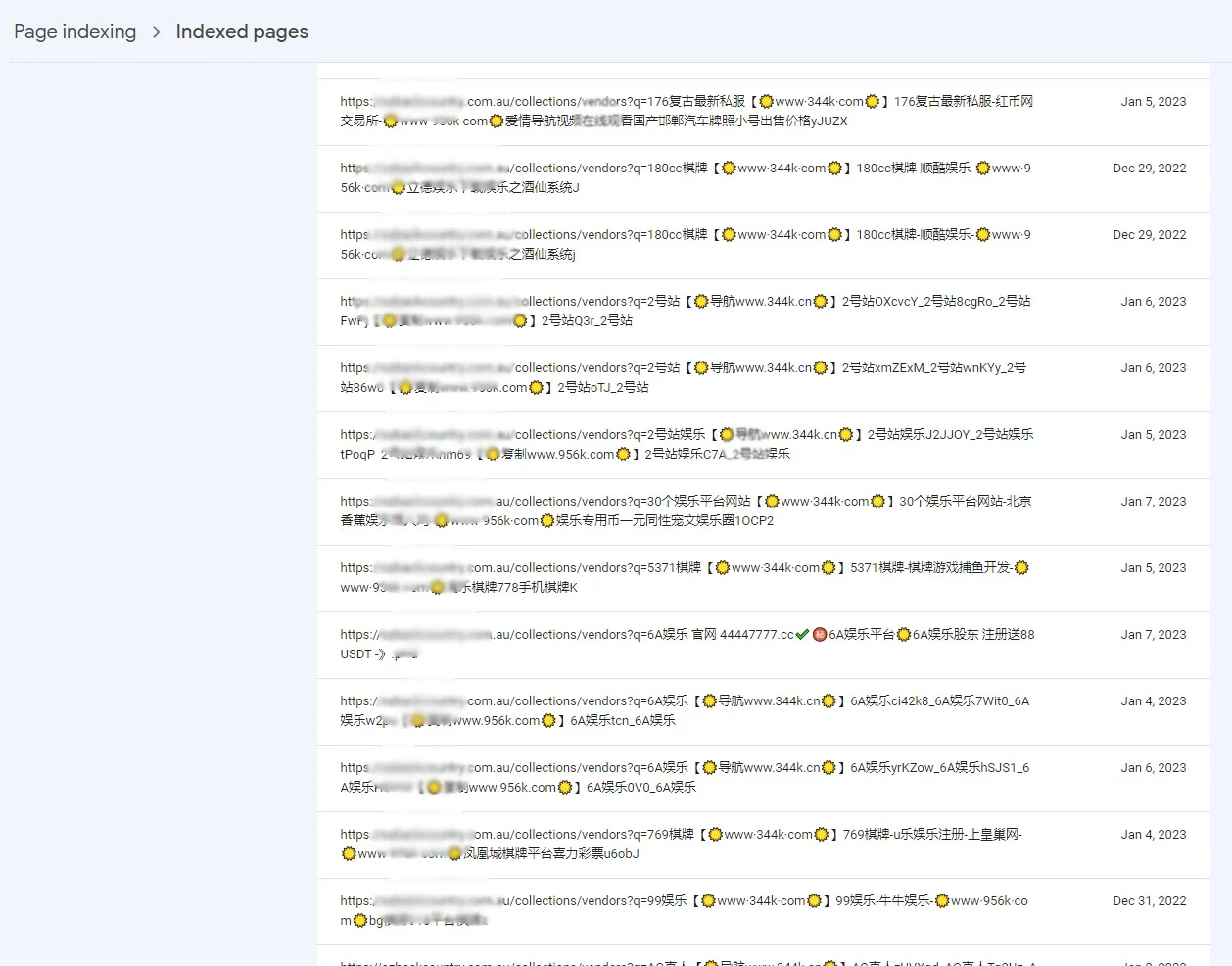 Search Console indexed pages list showing many spam vendors query URLs containing promotional text