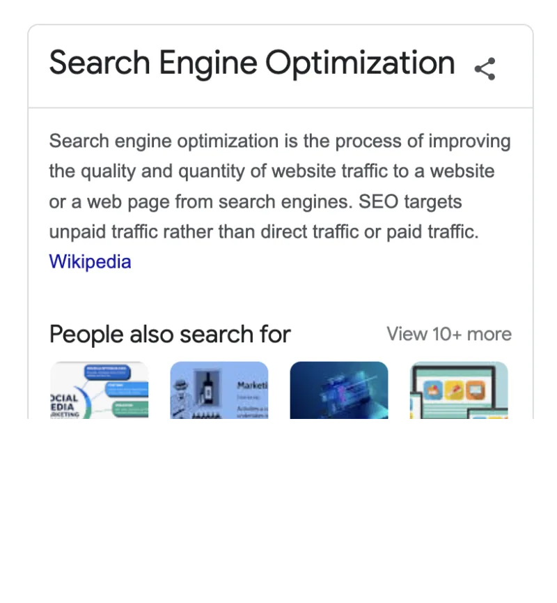 A Google Knowledge Graph panel for Search Engine Optimization with a definition and related topics