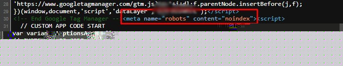 Page source code with a robots noindex meta tag highlighted in red